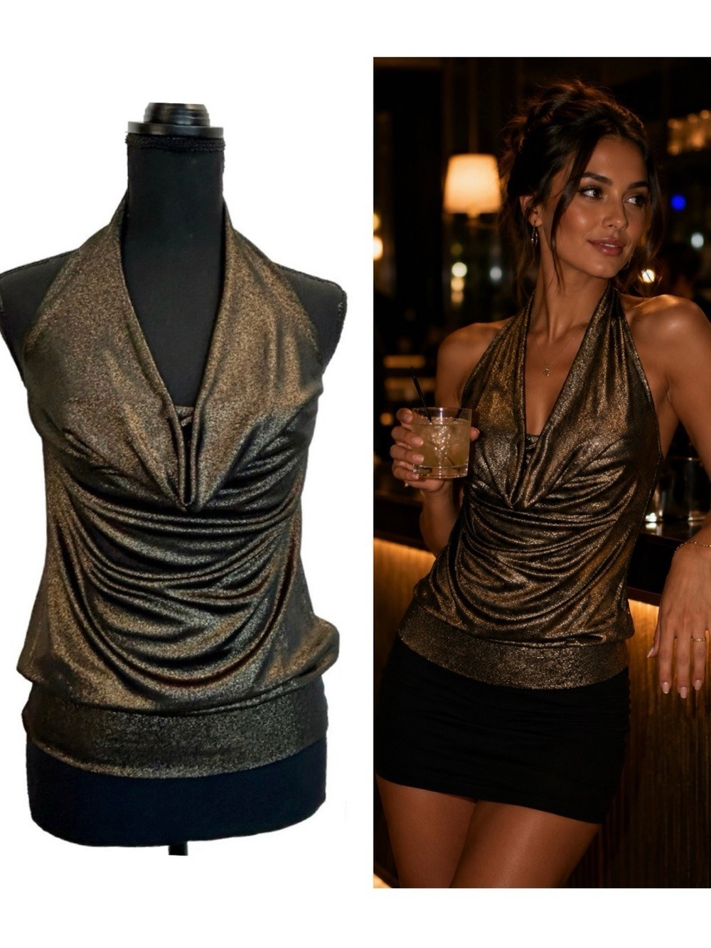 COSTA Blanca bronze gold metallic halter top clubwear stretchy Sz XS